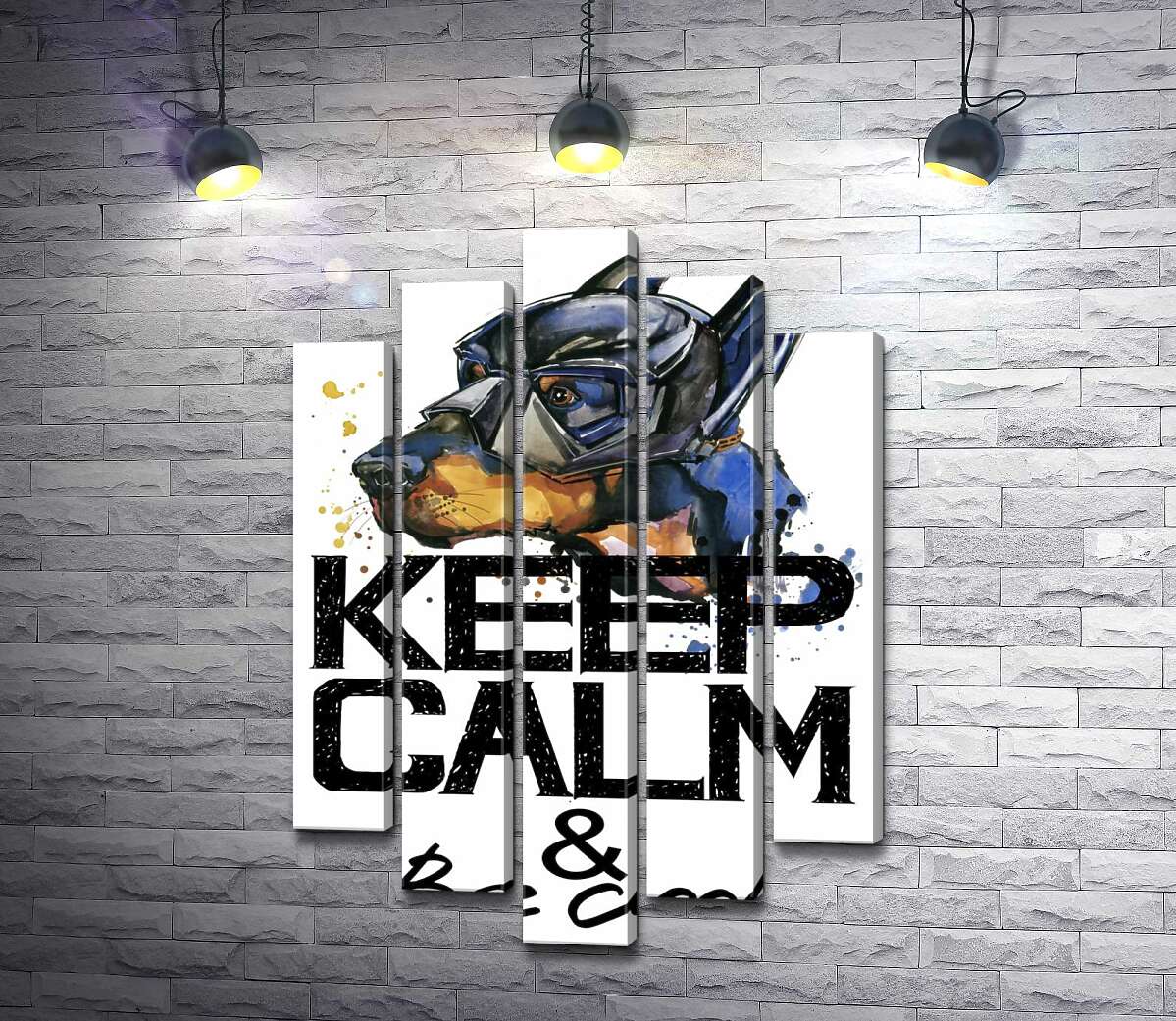 модульна картина Доберман в масці Бетмена серед напису "keep calm and be cool" (Модуль №4)