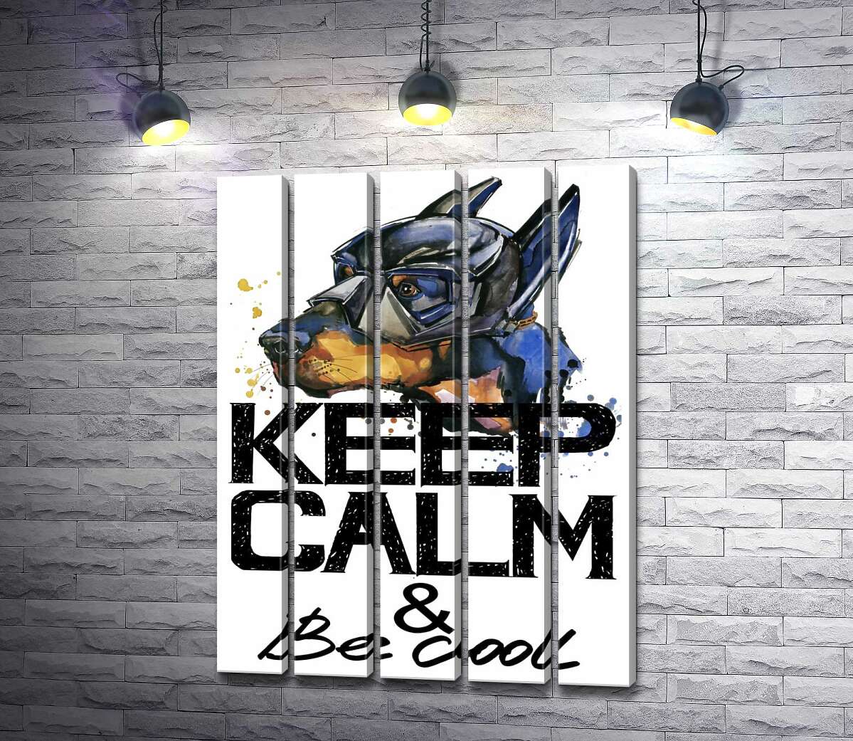 модульная картина Доберман в маске Бэтмена среди надписи "keep calm and be cool" (Модуль №26)