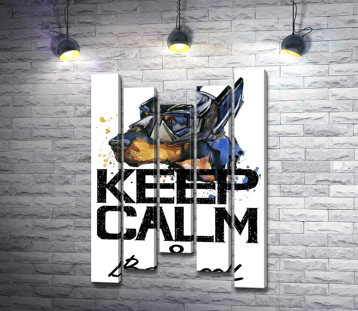модульная картина Доберман в маске Бэтмена среди надписи "keep calm and be cool" (Модуль №27)