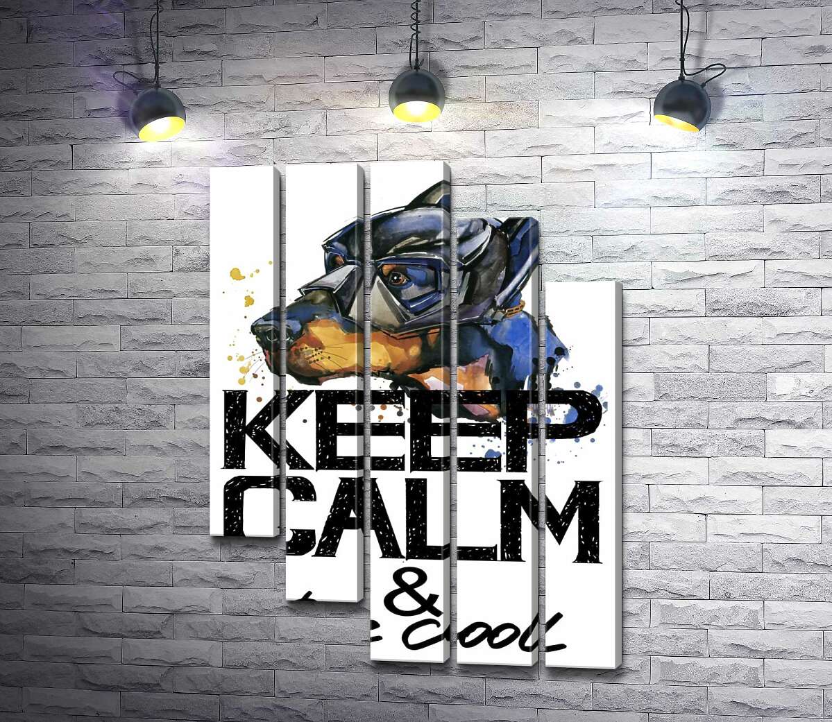 модульна картина Доберман в масці Бетмена серед напису "keep calm and be cool" (Модуль №28)