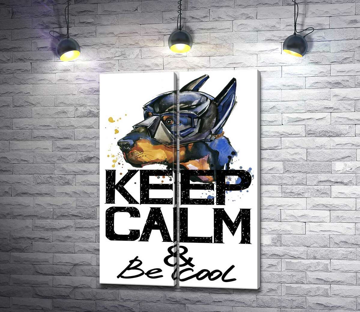 модульная картина Доберман в маске Бэтмена среди надписи "keep calm and be cool"