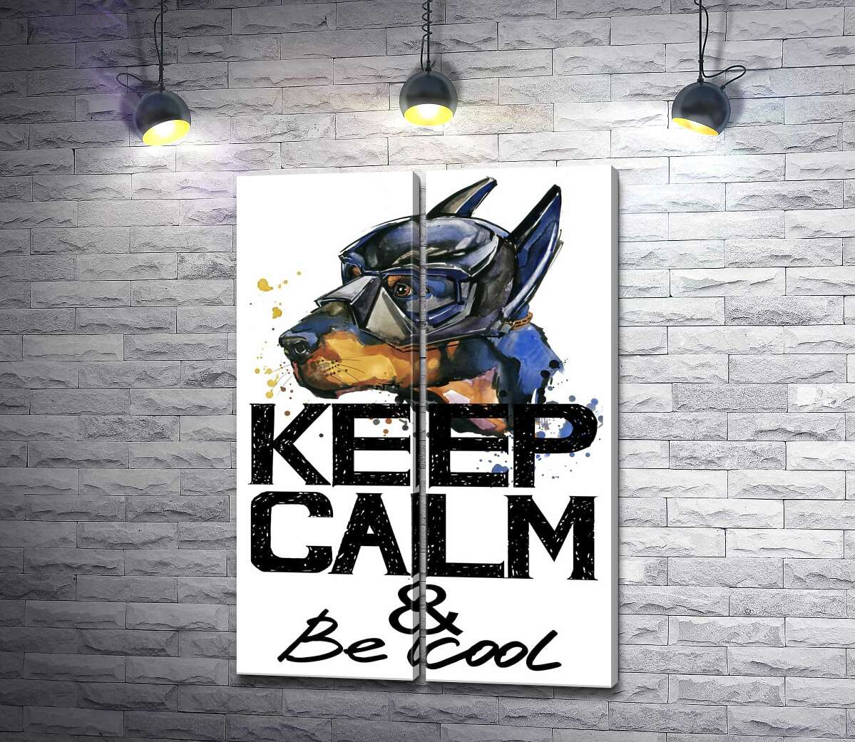 модульная картина Доберман в маске Бэтмена среди надписи "keep calm and be cool" (Модуль №6)