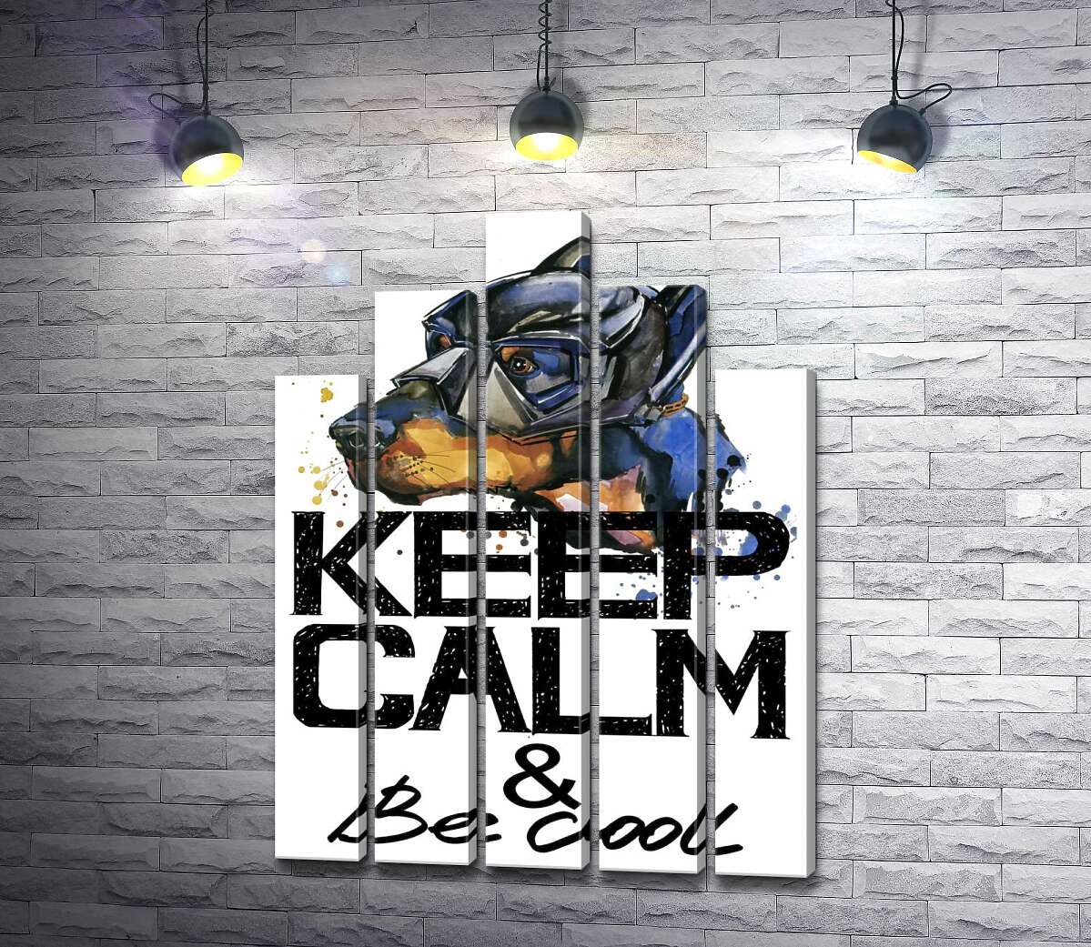 модульная картина Доберман в маске Бэтмена среди надписи "keep calm and be cool" (Модуль №29)