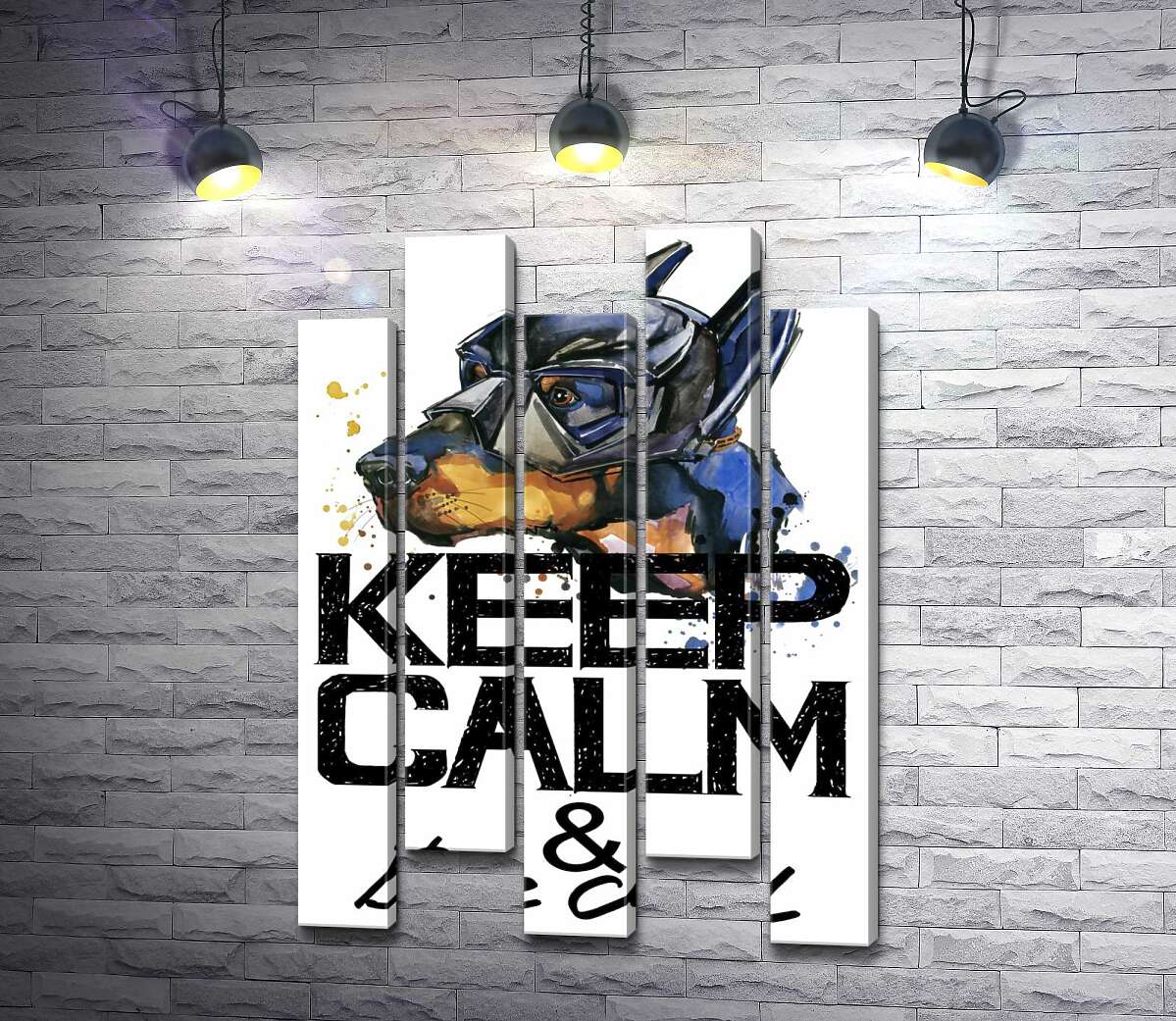 модульная картина Доберман в маске Бэтмена среди надписи "keep calm and be cool" (Модуль №30)