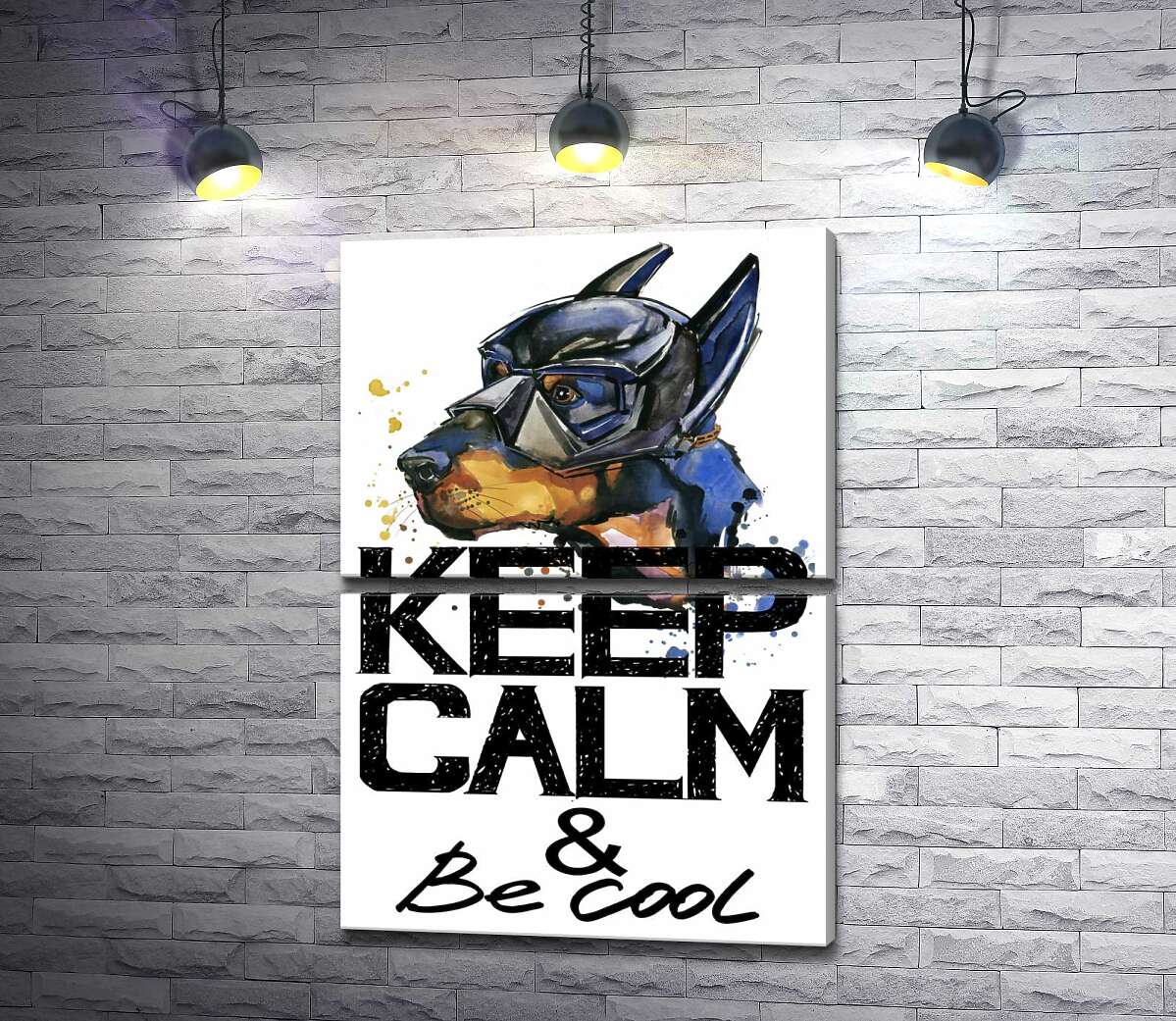 модульна картина Доберман в масці Бетмена серед напису "keep calm and be cool" (Модуль №7)
