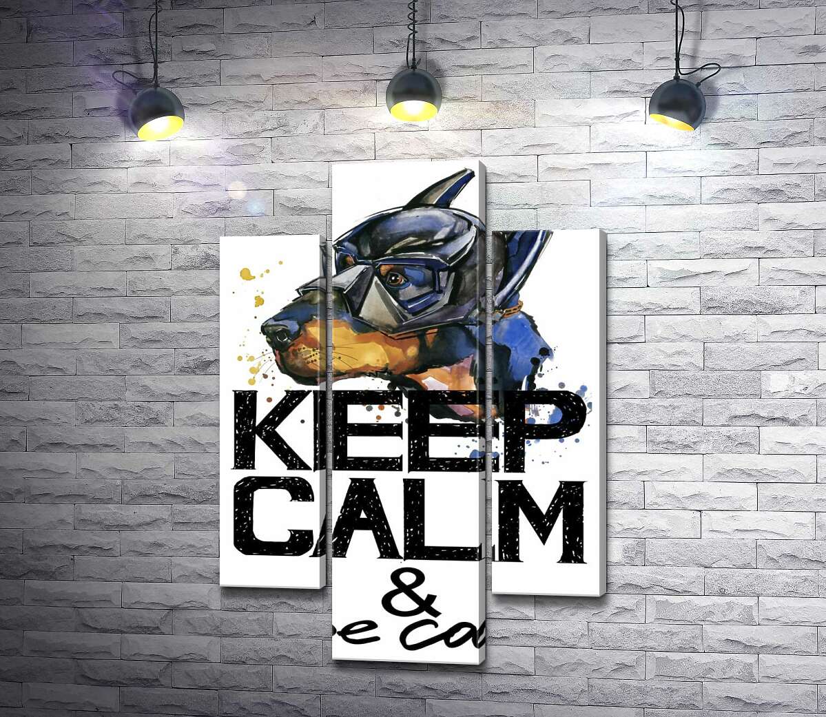 модульна картина Доберман в масці Бетмена серед напису "keep calm and be cool" (Модуль №10)