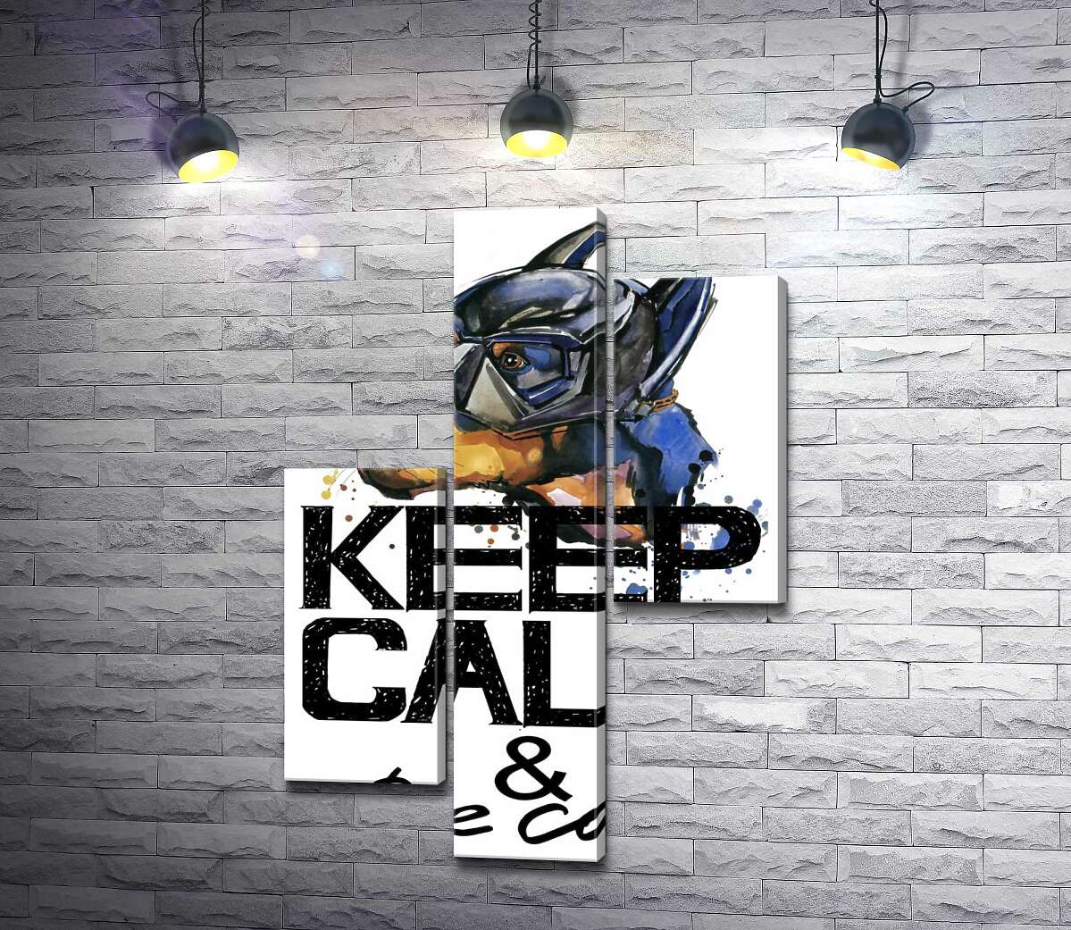 модульна картина Доберман в масці Бетмена серед напису "keep calm and be cool" (Модуль №12)