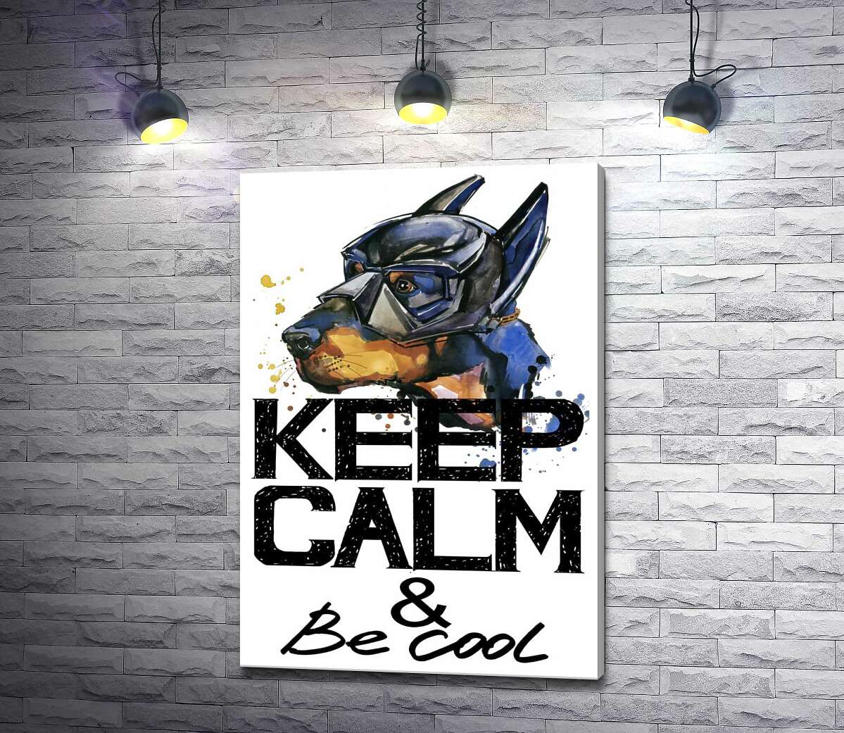 картина Доберман в маске Бэтмена среди надписи "keep calm and be cool"