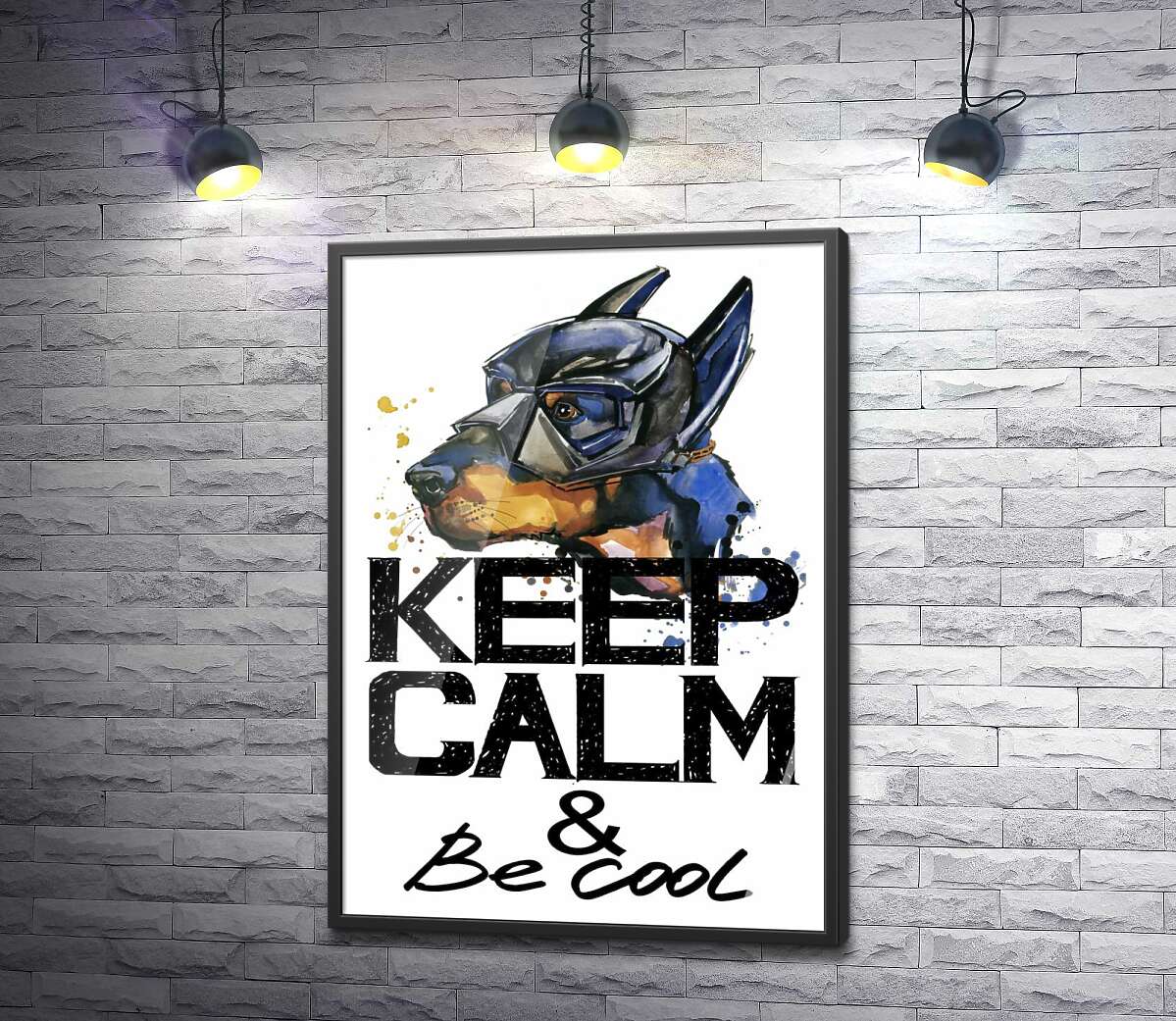 постер Доберман в маске Бэтмена среди надписи "keep calm and be cool"