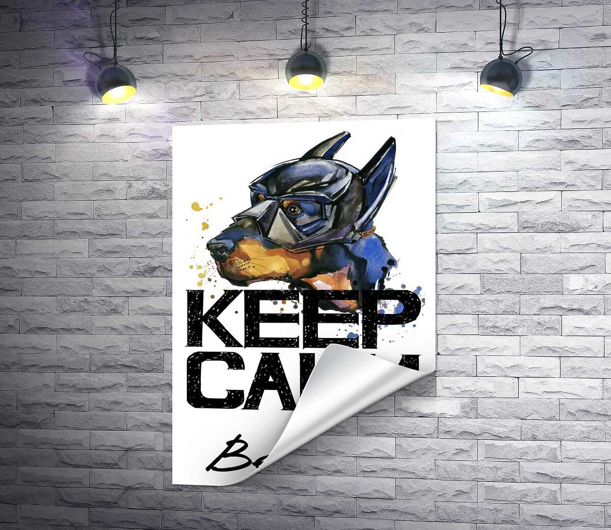 печать Доберман в маске Бэтмена среди надписи "keep calm and be cool"
