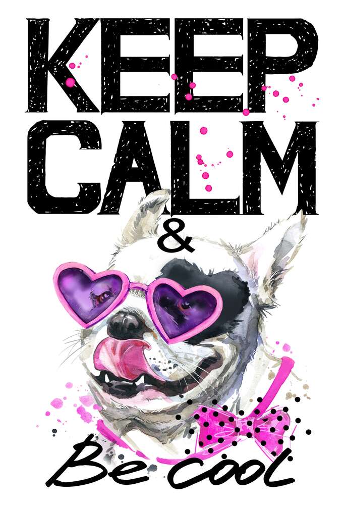 картина-постер Веселый бульдог в розовых очках и бантике среди надписи "keep calm and be cool"