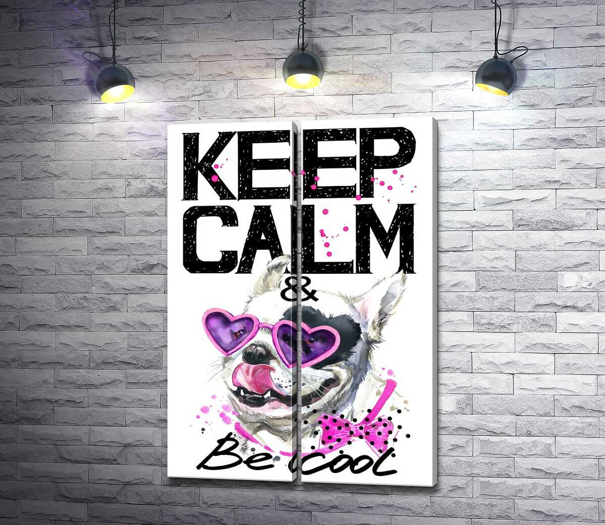 модульна картина Веселий бульдог в рожевих окулярах та бантику серед напису "keep calm and be cool"