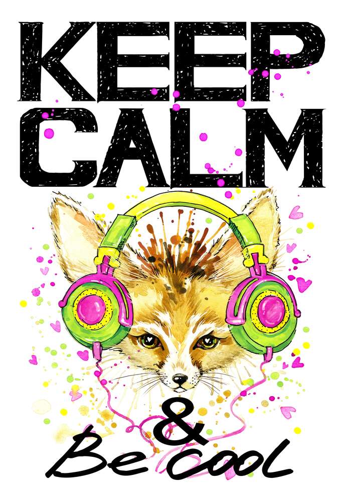 картина-постер Лисиця фенек в навушниках серед напису "keep calm and be cool"