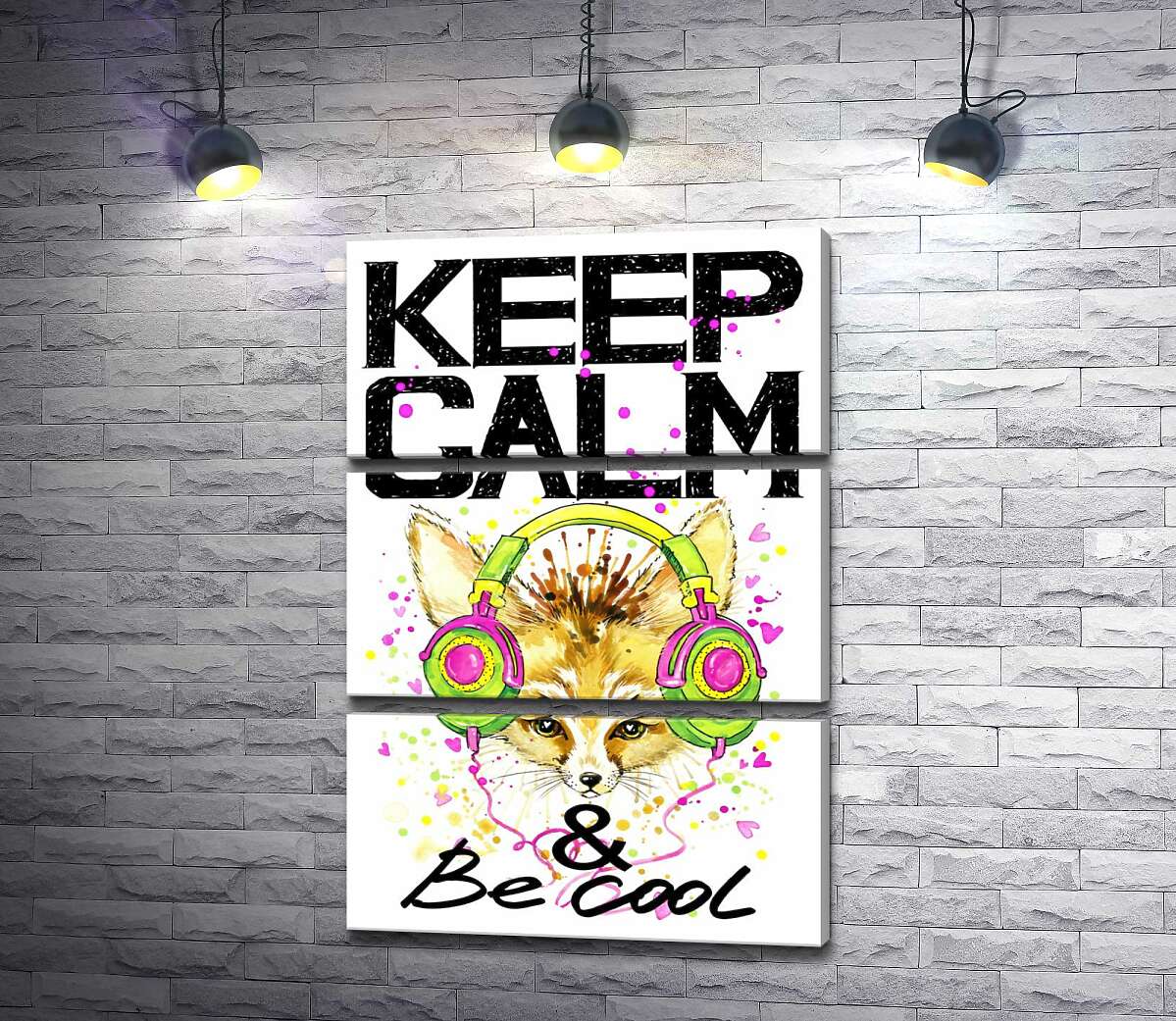 модульна картина Лисиця фенек в навушниках серед напису "keep calm and be cool" (Модуль №15)