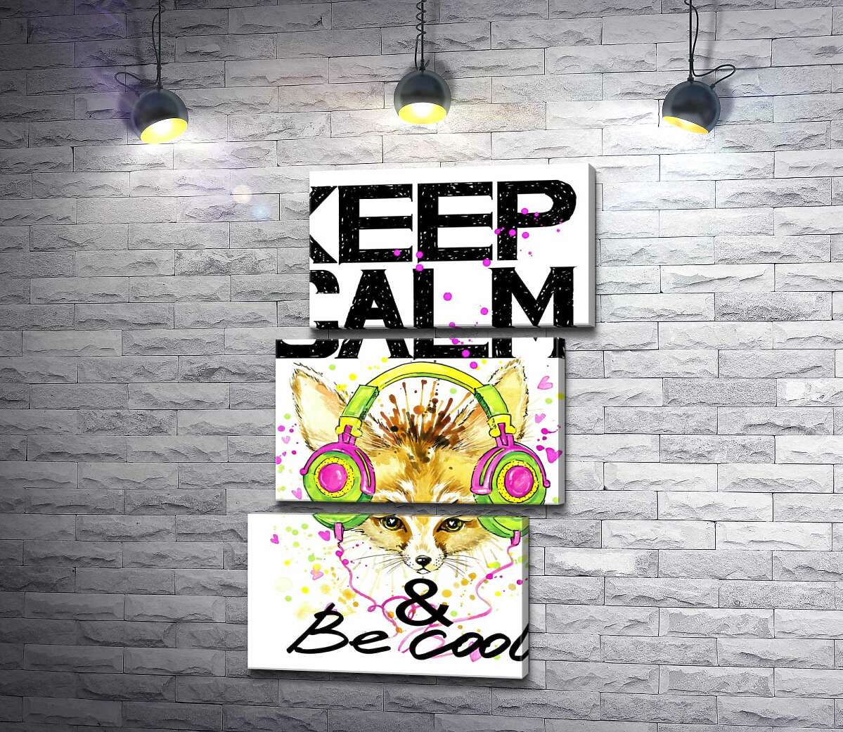 модульна картина Лисиця фенек в навушниках серед напису "keep calm and be cool" (Модуль №17)