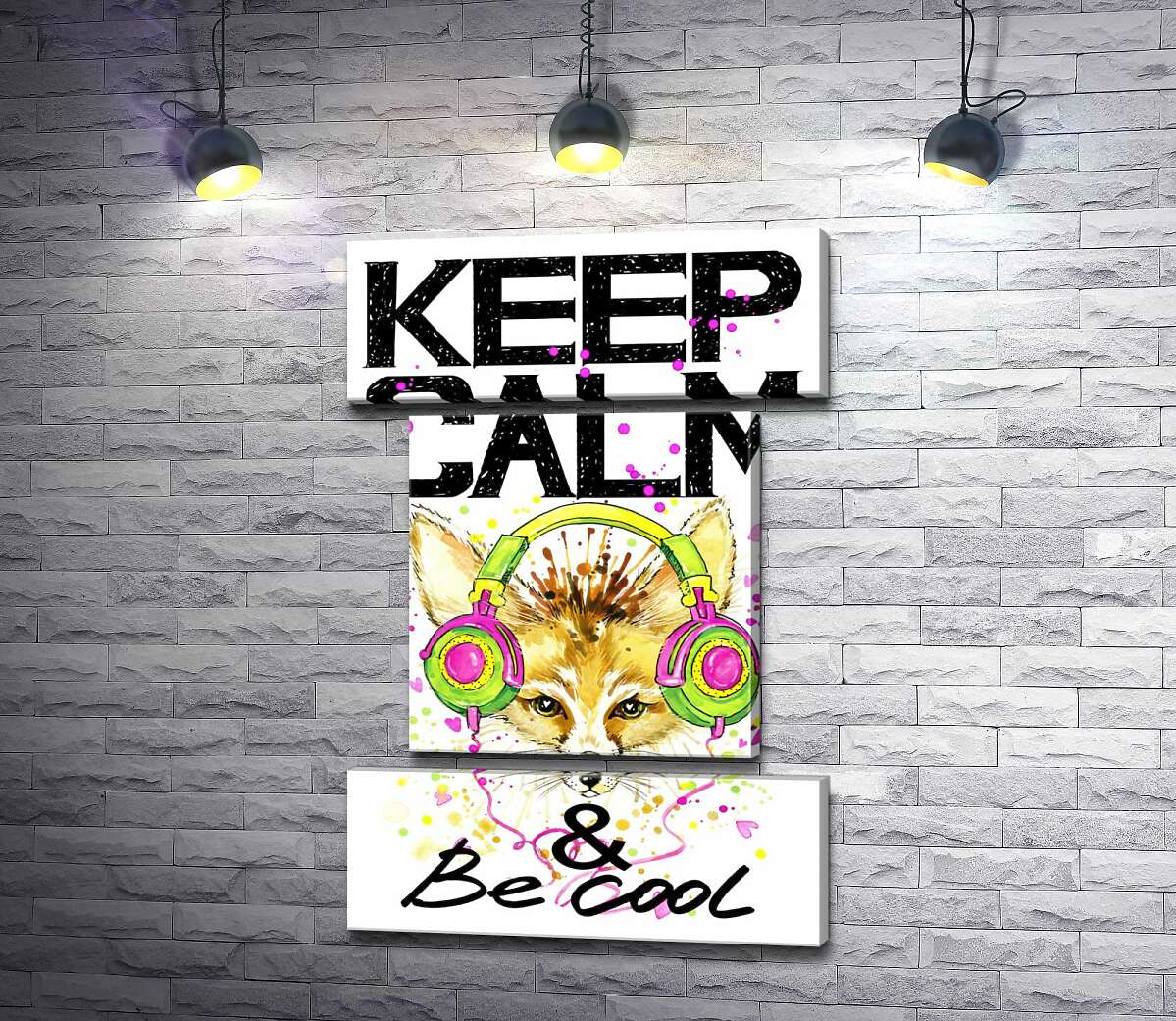 модульная картина Лиса фенек в наушниках среди надписи "keep calm and be cool" (Модуль №18)