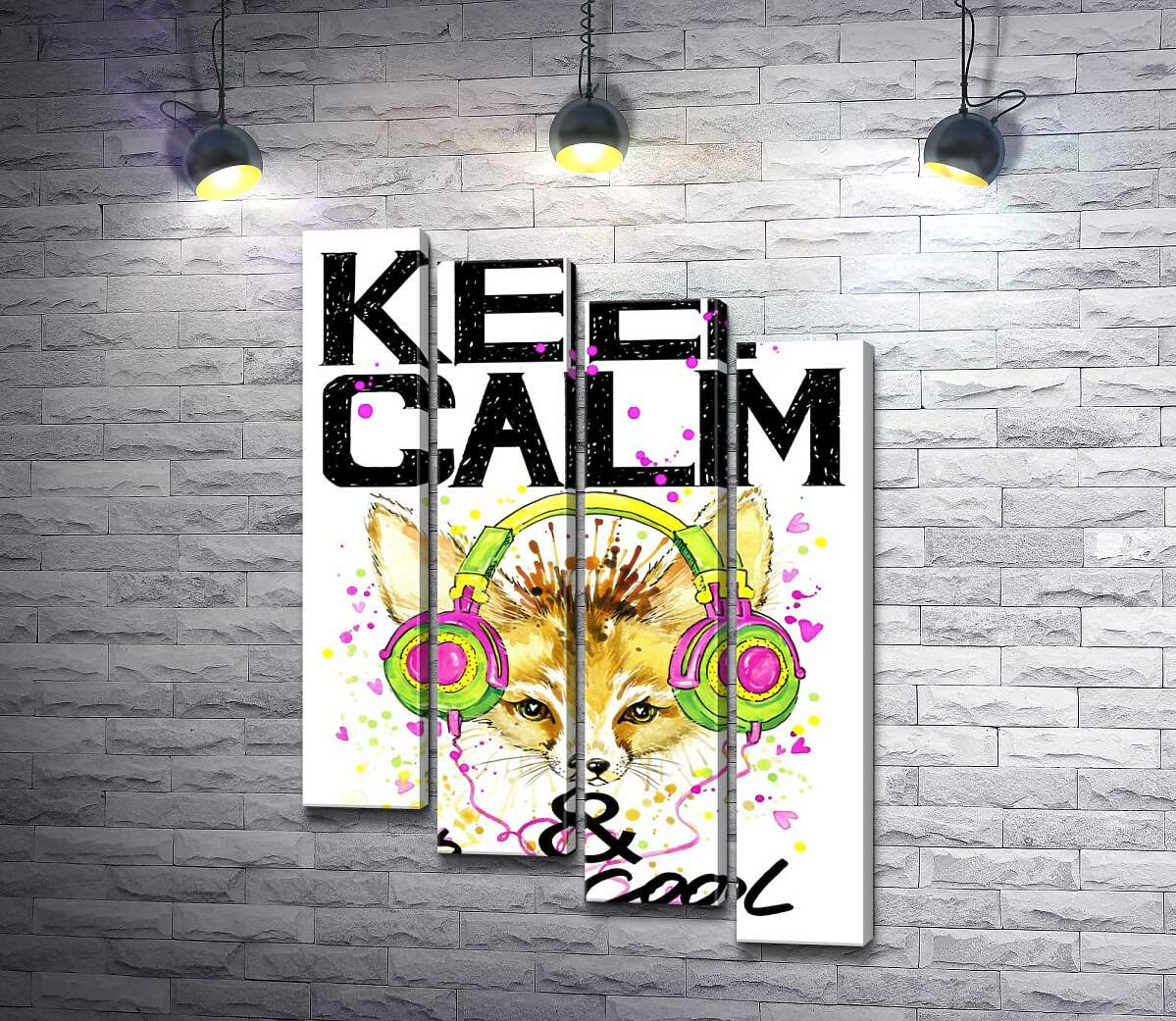 модульная картина Лиса фенек в наушниках среди надписи "keep calm and be cool" (Модуль №19)