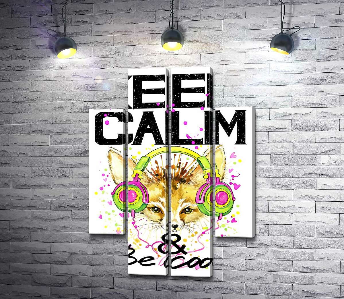 модульная картина Лиса фенек в наушниках среди надписи "keep calm and be cool" (Модуль №20)