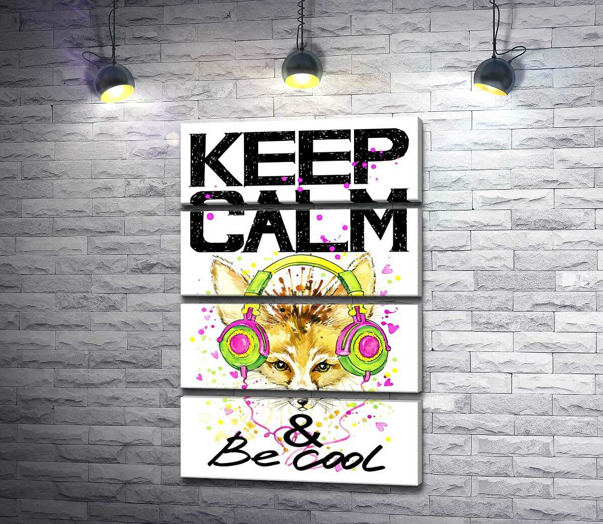 модульна картина Лисиця фенек в навушниках серед напису "keep calm and be cool" (Модуль №22)