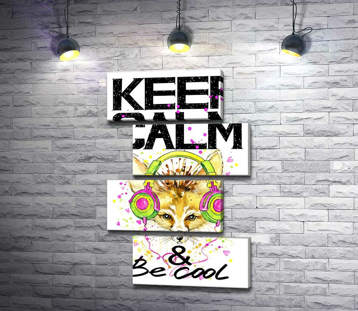 модульная картина Лиса фенек в наушниках среди надписи "keep calm and be cool" (Модуль №23)