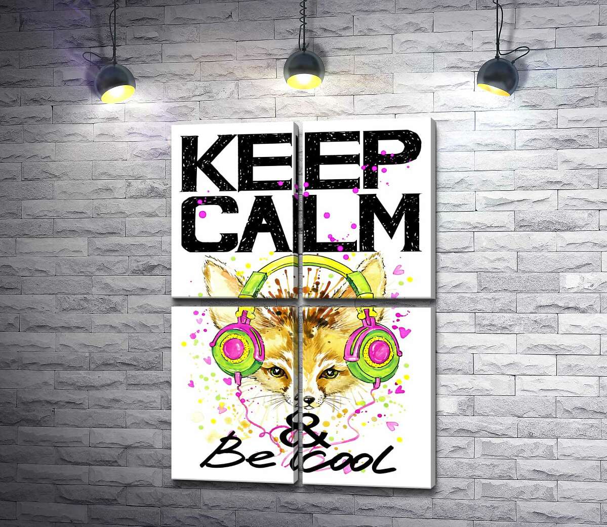 модульная картина Лиса фенек в наушниках среди надписи "keep calm and be cool" (Модуль №25)