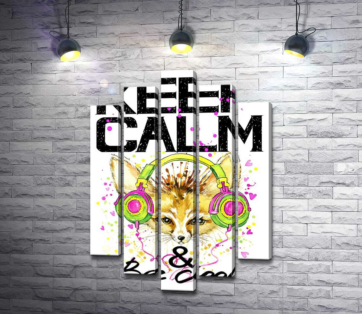 модульная картина Лиса фенек в наушниках среди надписи "keep calm and be cool" (Модуль №4)
