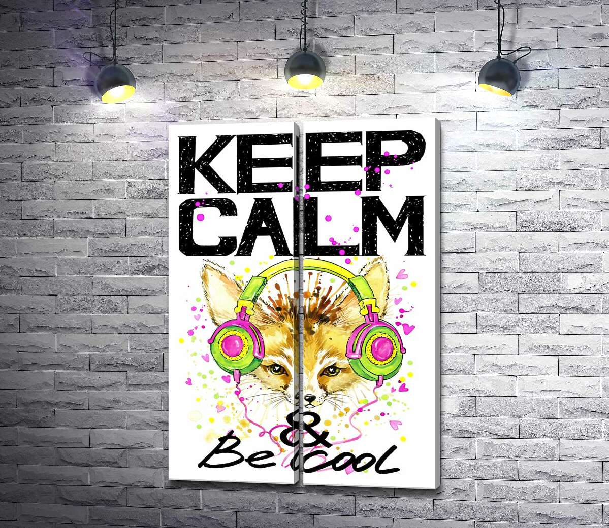 модульная картина Лиса фенек в наушниках среди надписи "keep calm and be cool"