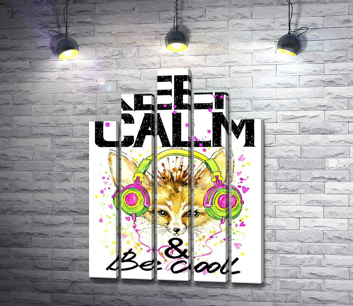 модульная картина Лиса фенек в наушниках среди надписи "keep calm and be cool" (Модуль №29)