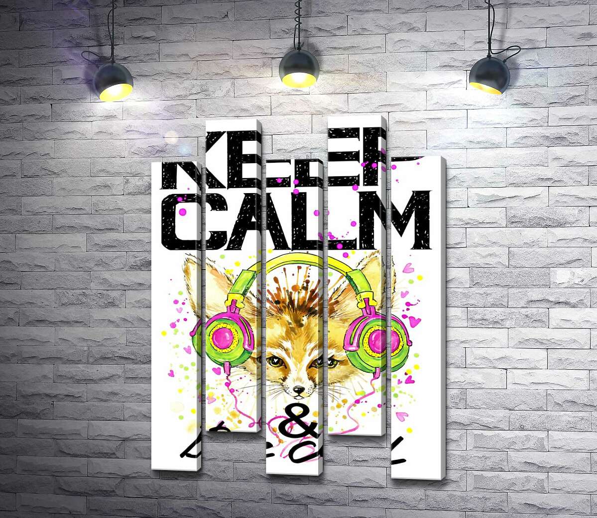 модульна картина Лисиця фенек в навушниках серед напису "keep calm and be cool" (Модуль №30)