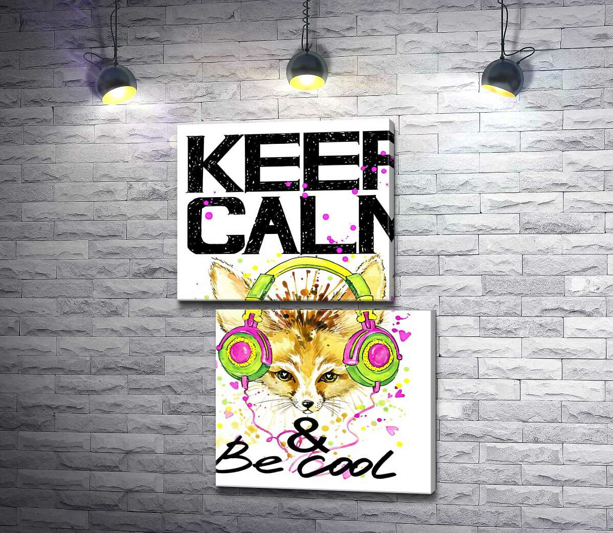 модульна картина Лисиця фенек в навушниках серед напису "keep calm and be cool" (Модуль №8)