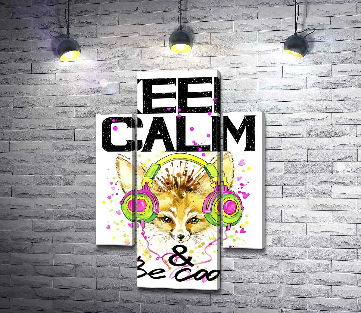 модульна картина Лисиця фенек в навушниках серед напису "keep calm and be cool" (Модуль №5)