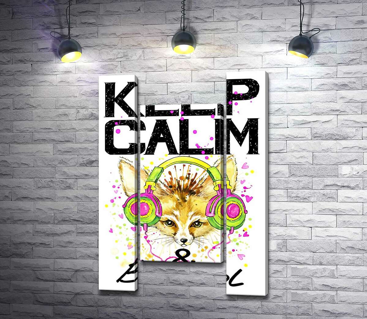 модульна картина Лисиця фенек в навушниках серед напису "keep calm and be cool" (Модуль №11)