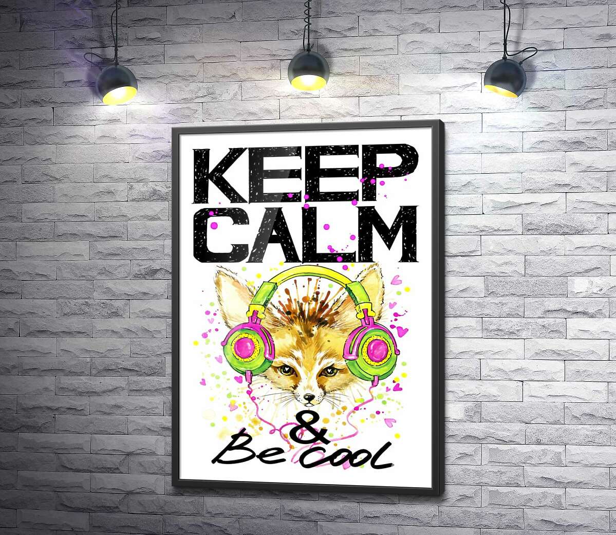 постер Лиса фенек в наушниках среди надписи "keep calm and be cool"