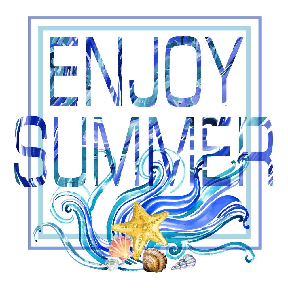 картина-постер Голубая рамка с морскими волнами и ракушками окружила надпись "enjoy summer"