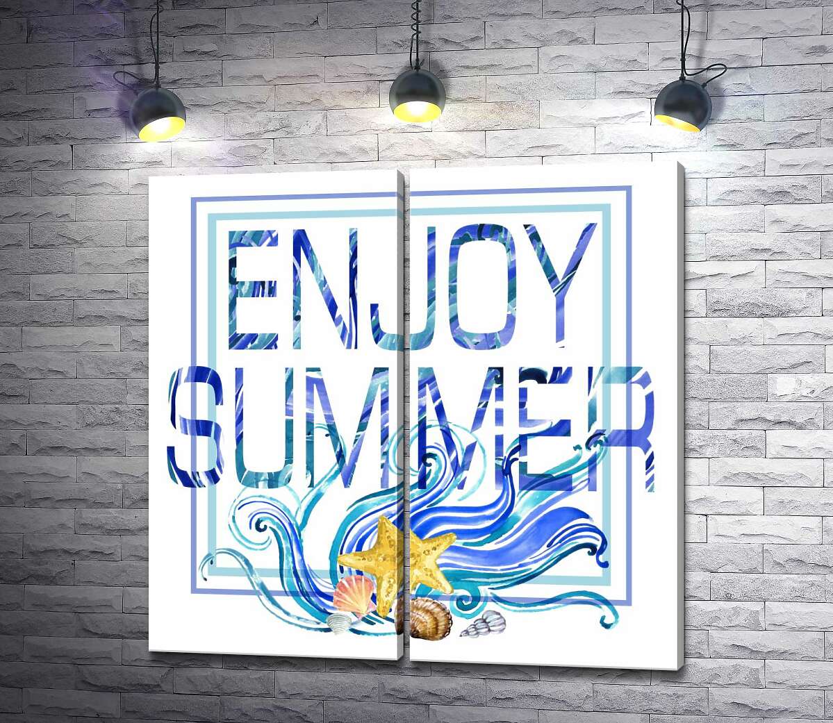 модульная картина Голубая рамка с морскими волнами и ракушками окружила надпись "enjoy summer"