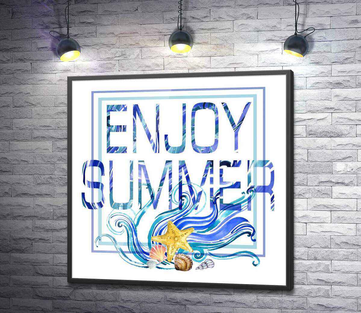 постер Голубая рамка с морскими волнами и ракушками окружила надпись "enjoy summer"