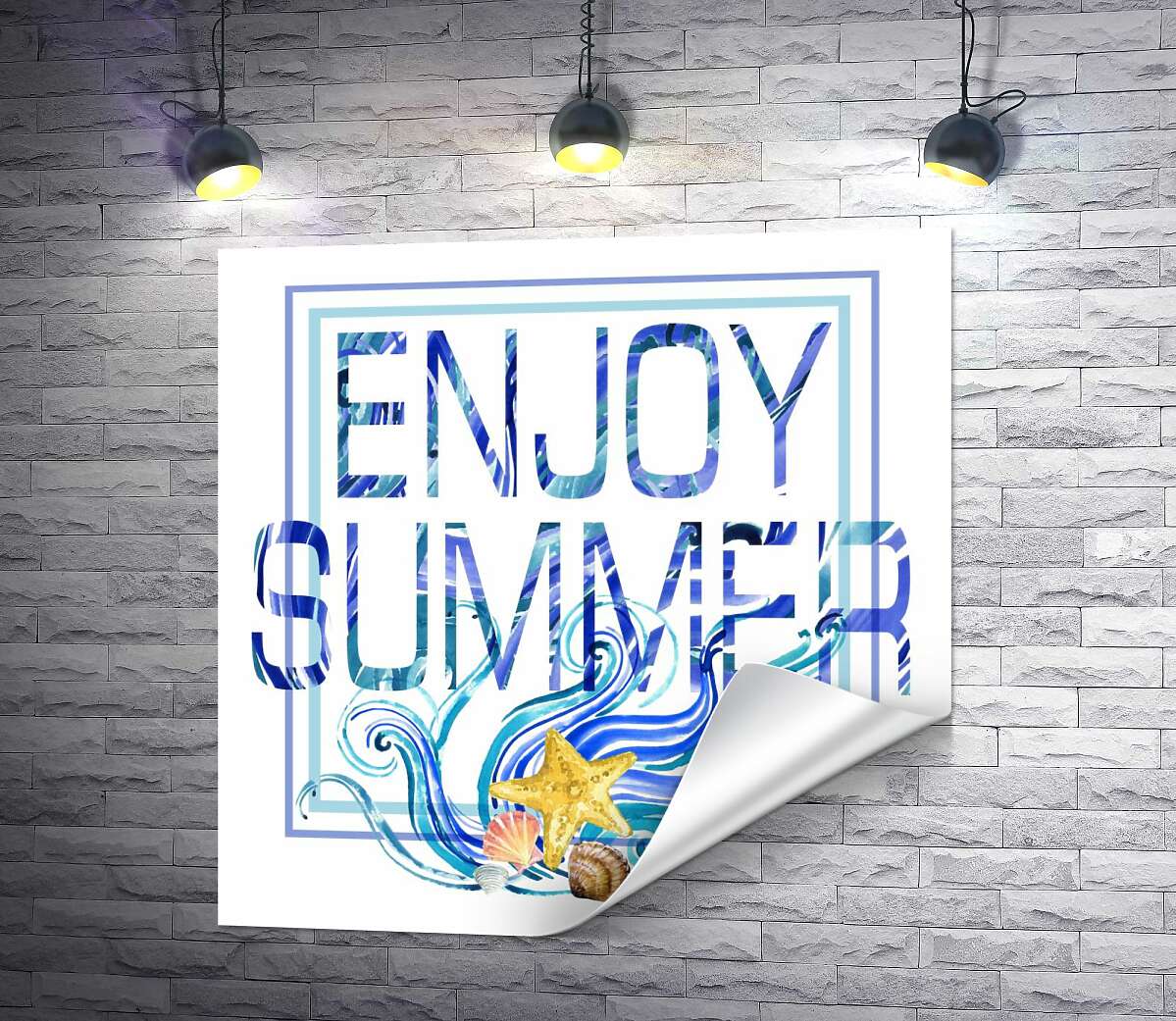 печать Голубая рамка с морскими волнами и ракушками окружила надпись "enjoy summer"