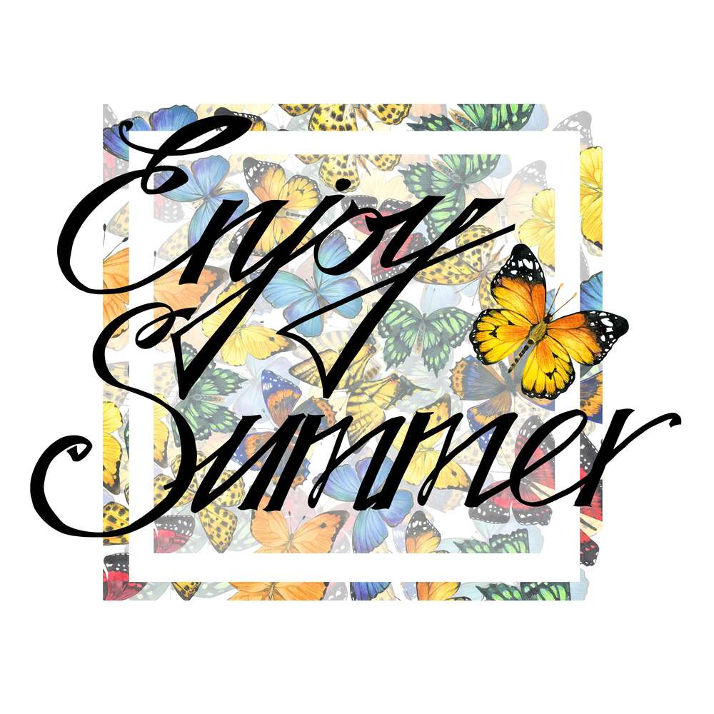 картина-постер Вишуканий напис " enjoy summer" на фоні метеликів