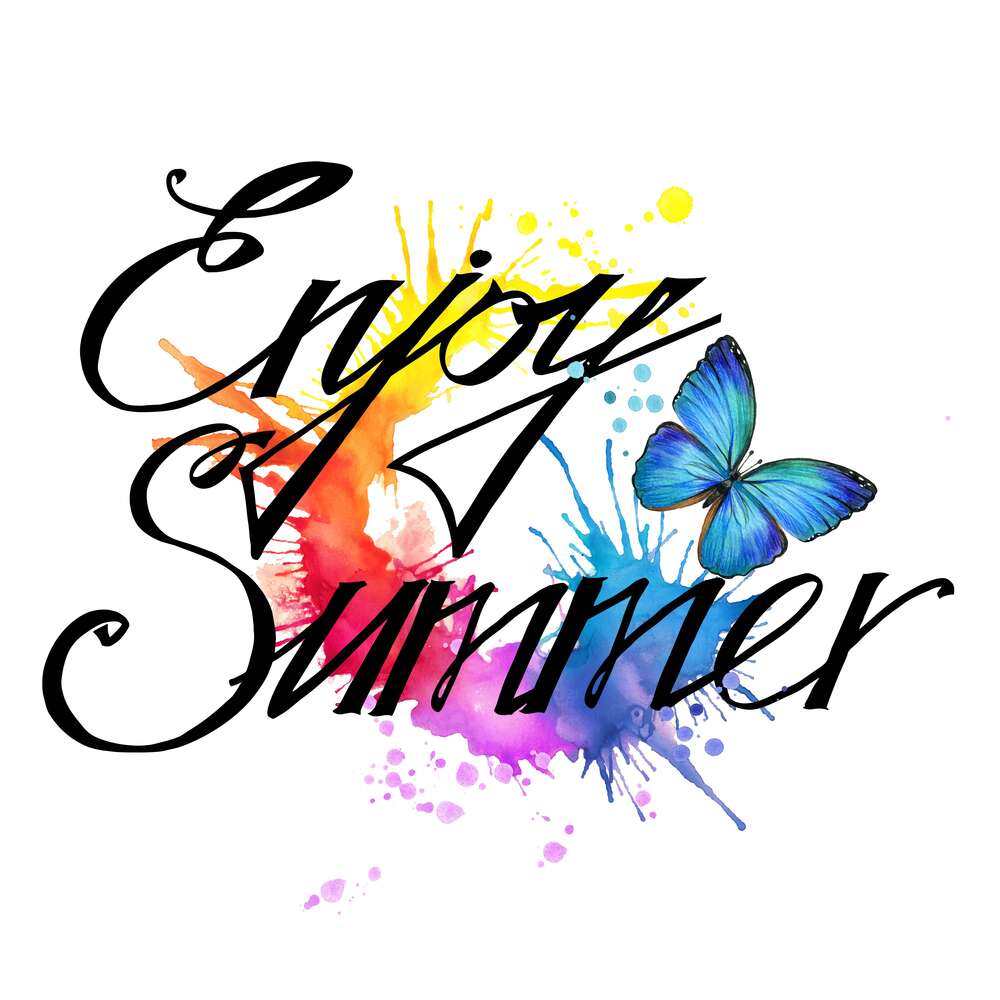 картина-постер Голубая бабочка летает среди надписи "enjoy summer"