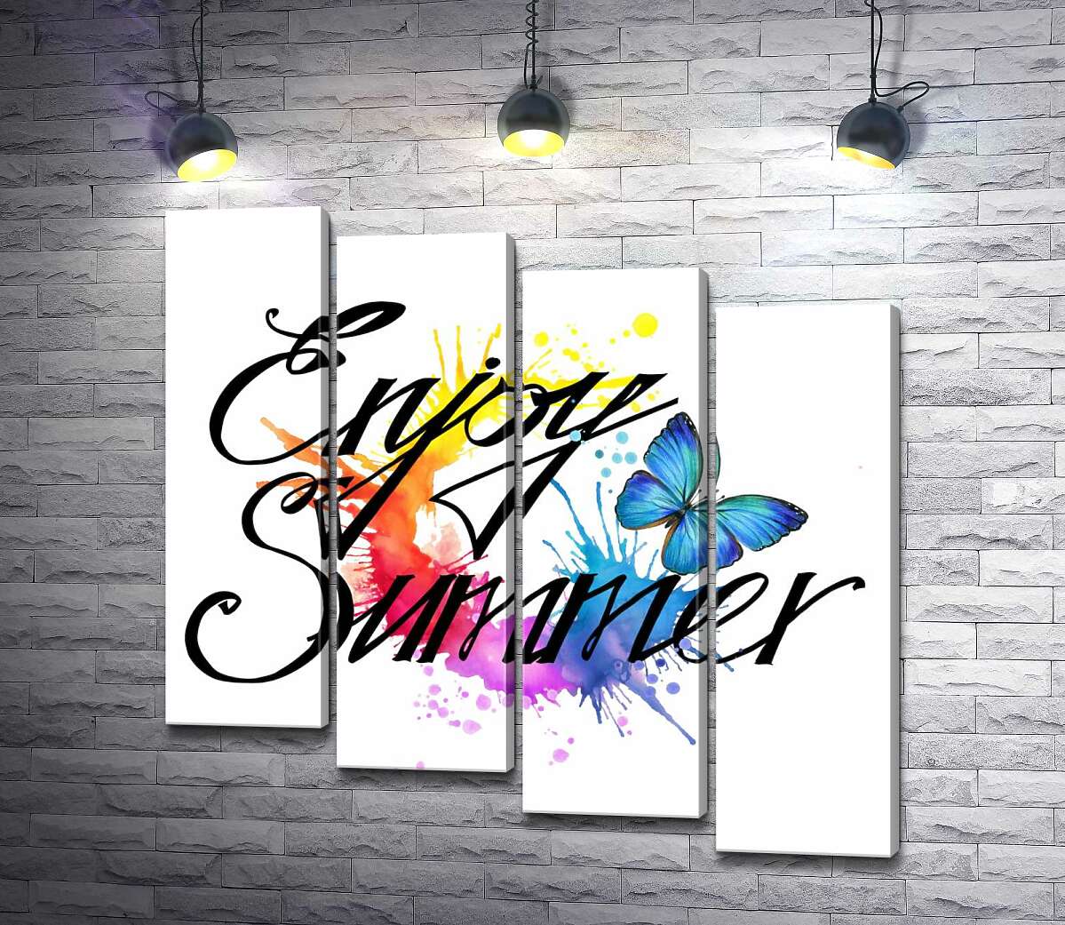 модульная картина Голубая бабочка летает среди надписи "enjoy summer" (Модуль №19)