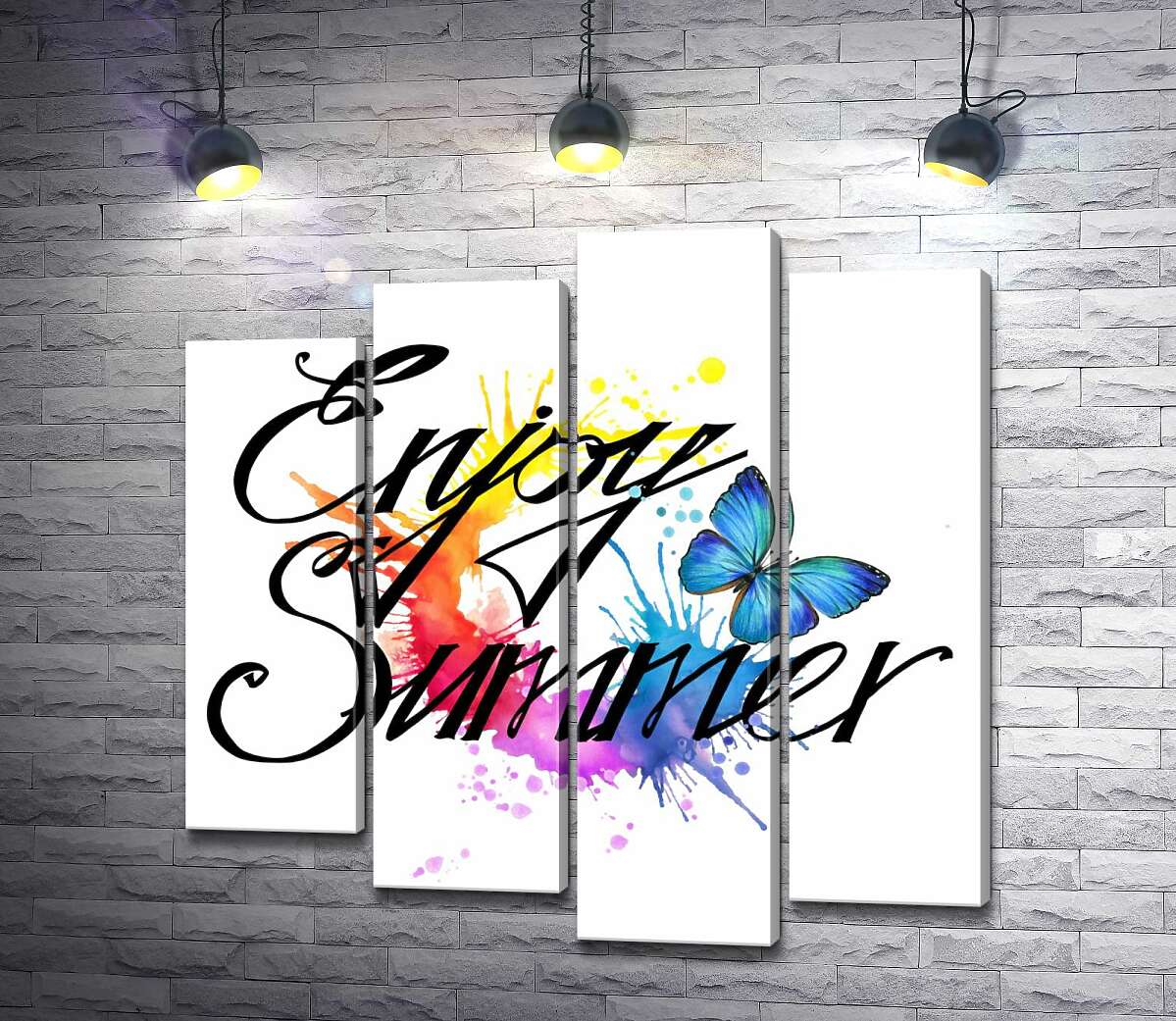 модульная картина Голубая бабочка летает среди надписи "enjoy summer" (Модуль №3)
