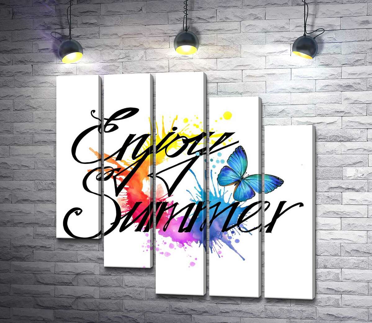 модульная картина Голубая бабочка летает среди надписи "enjoy summer" (Модуль №28)