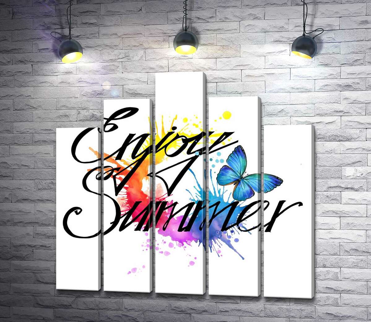 модульная картина Голубая бабочка летает среди надписи "enjoy summer" (Модуль №29)