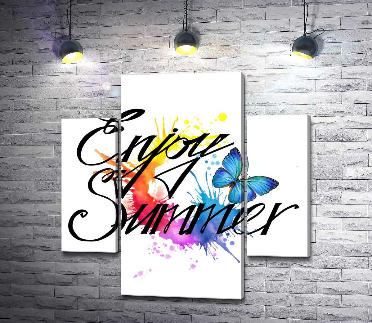 модульная картина Голубая бабочка летает среди надписи "enjoy summer" (Модуль №5)