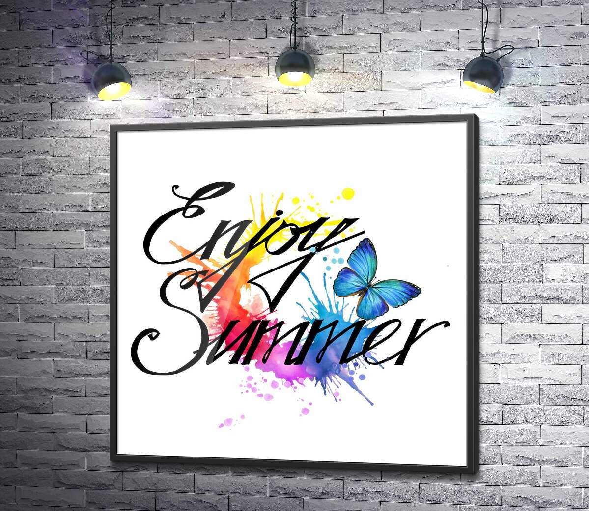 постер Голубая бабочка летает среди надписи "enjoy summer"