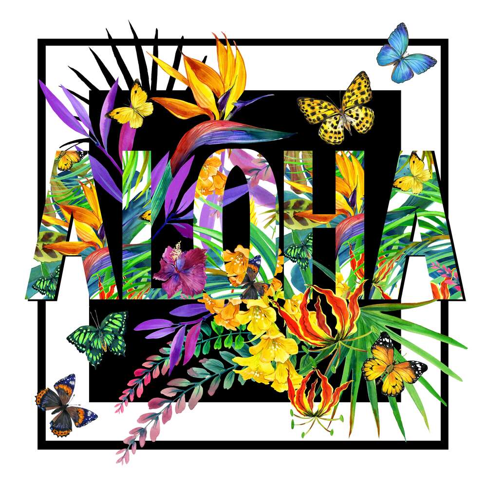 картина-постер Тропические цветы окружили надпись "aloha"