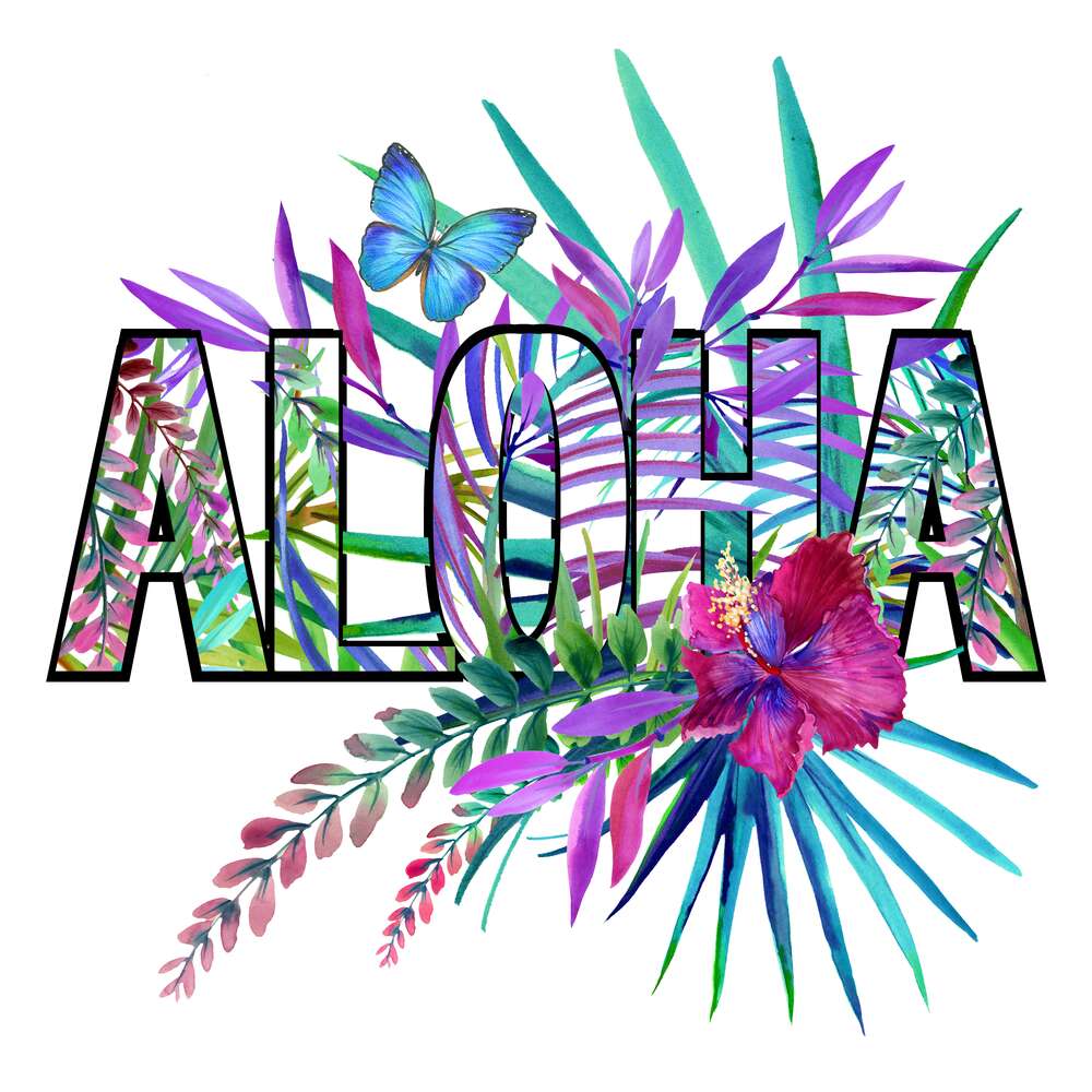 картина-постер Голубые оттенки тропических листьев в надписи "aloha"