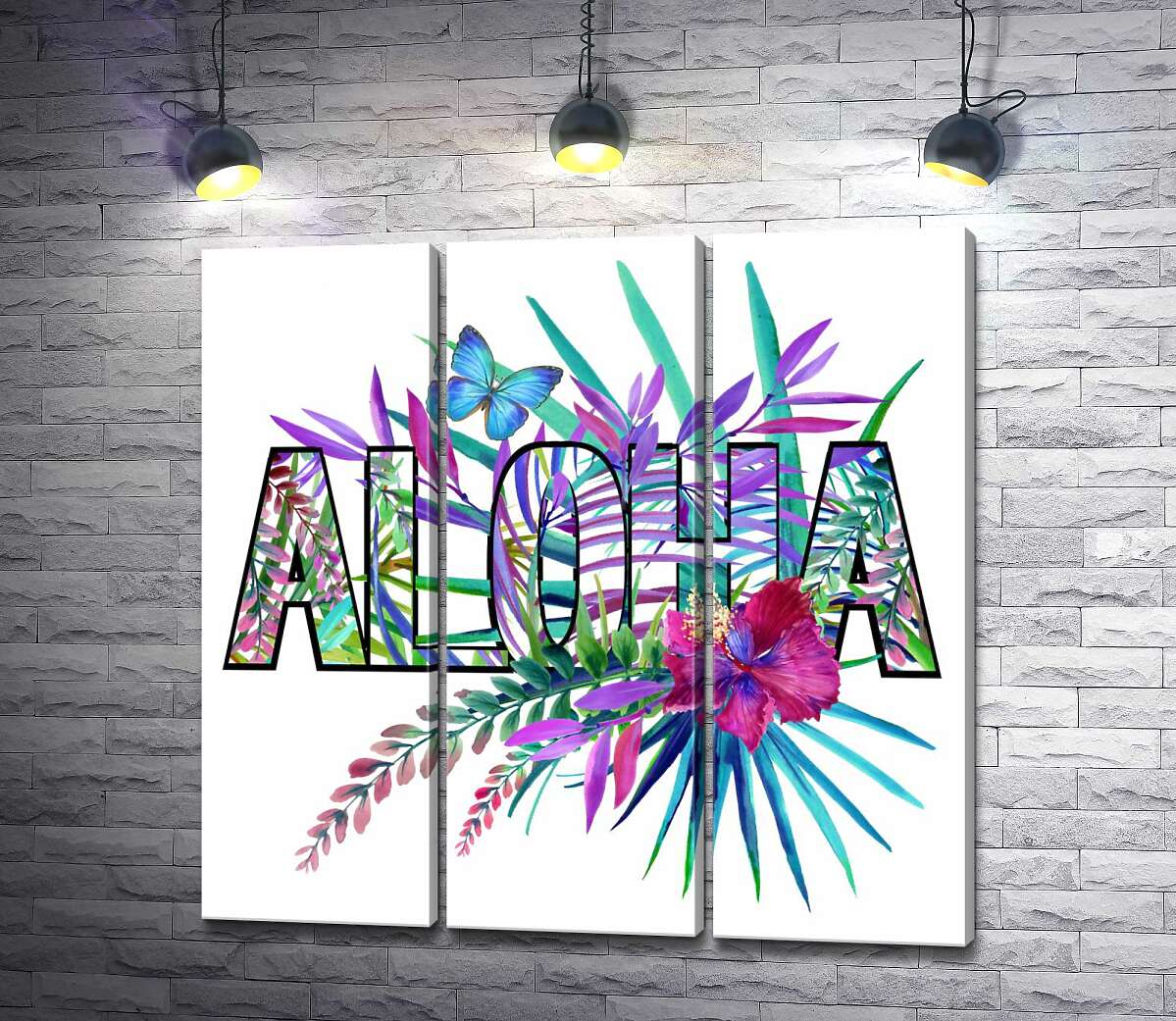 модульна картина Блакитні відтінки тропічного листя в написі " aloha"