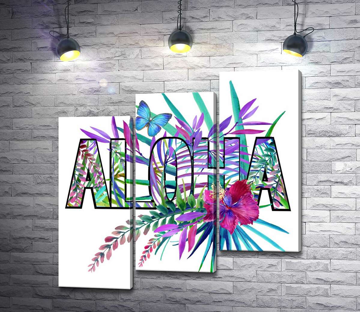 модульная картина Голубые оттенки тропических листьев в надписи "aloha" (Модуль №14)