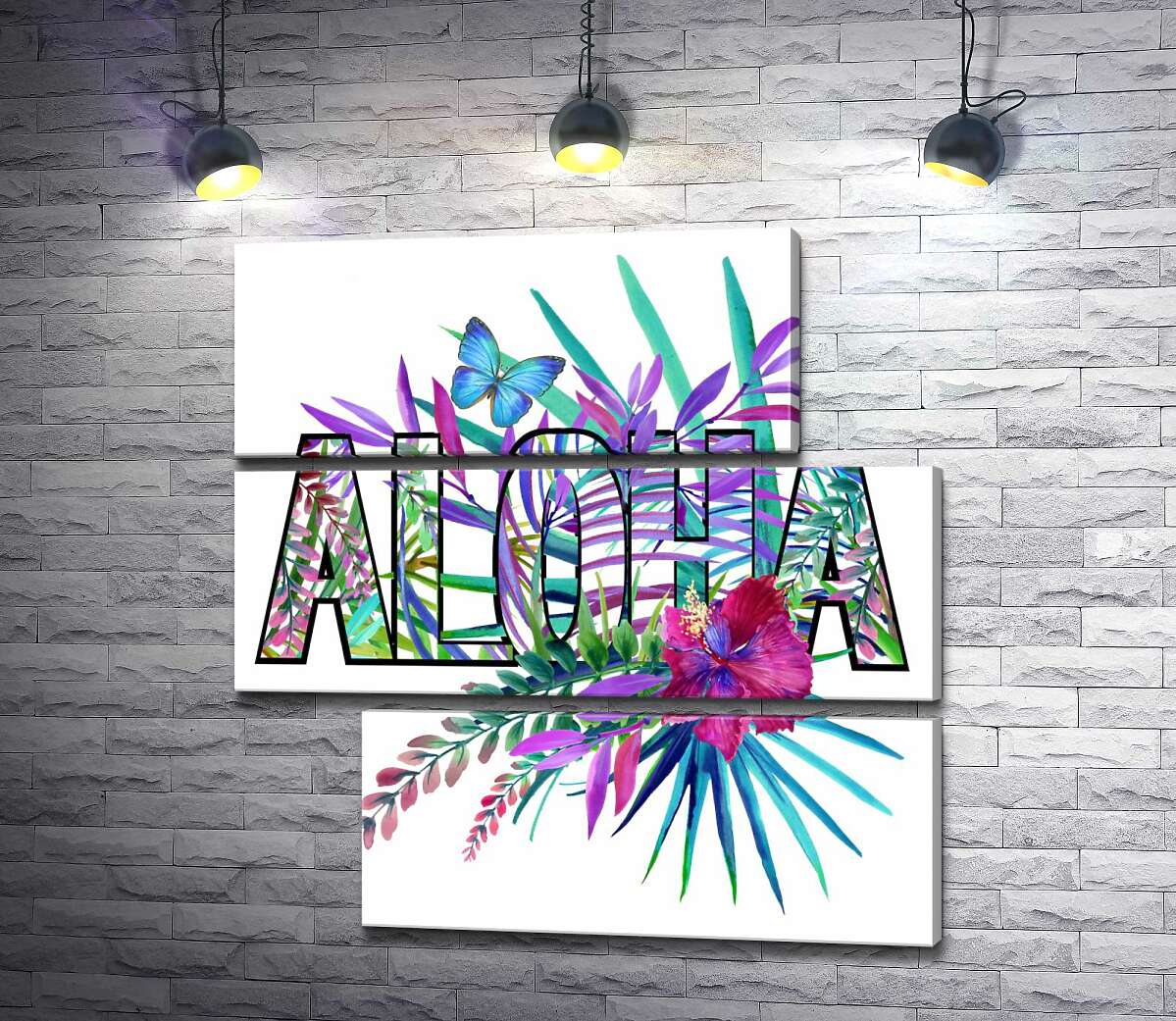 модульная картина Голубые оттенки тропических листьев в надписи "aloha" (Модуль №16)